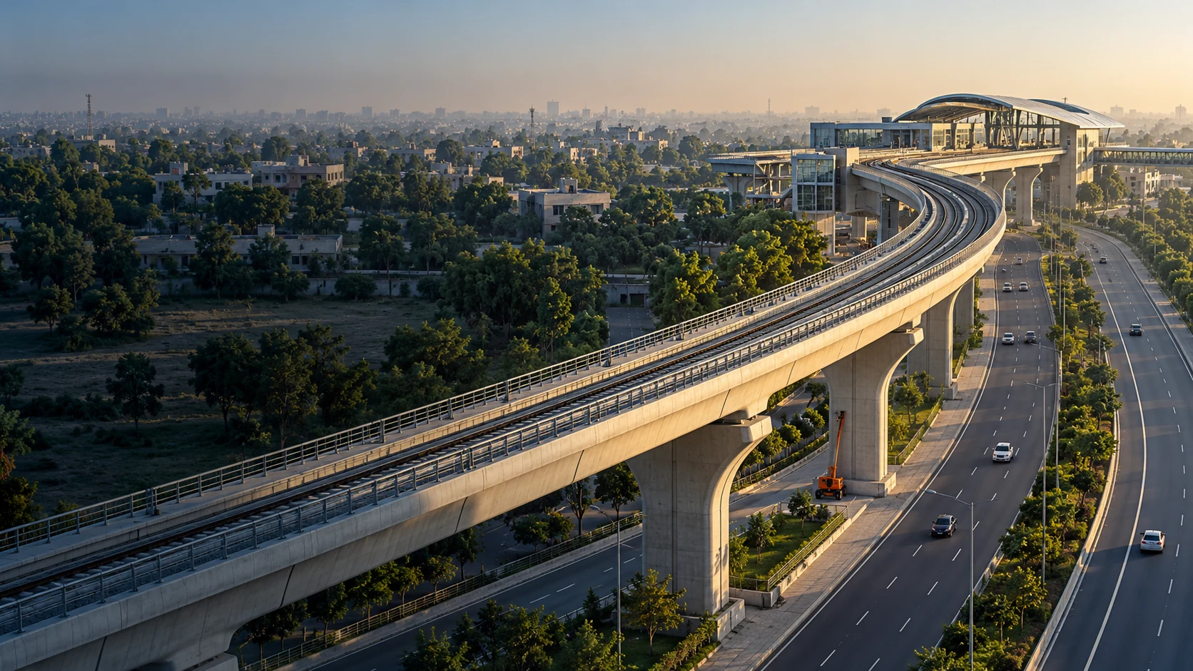 Illustrative elevated concrete transit infrastructure curving through a green urban landscape